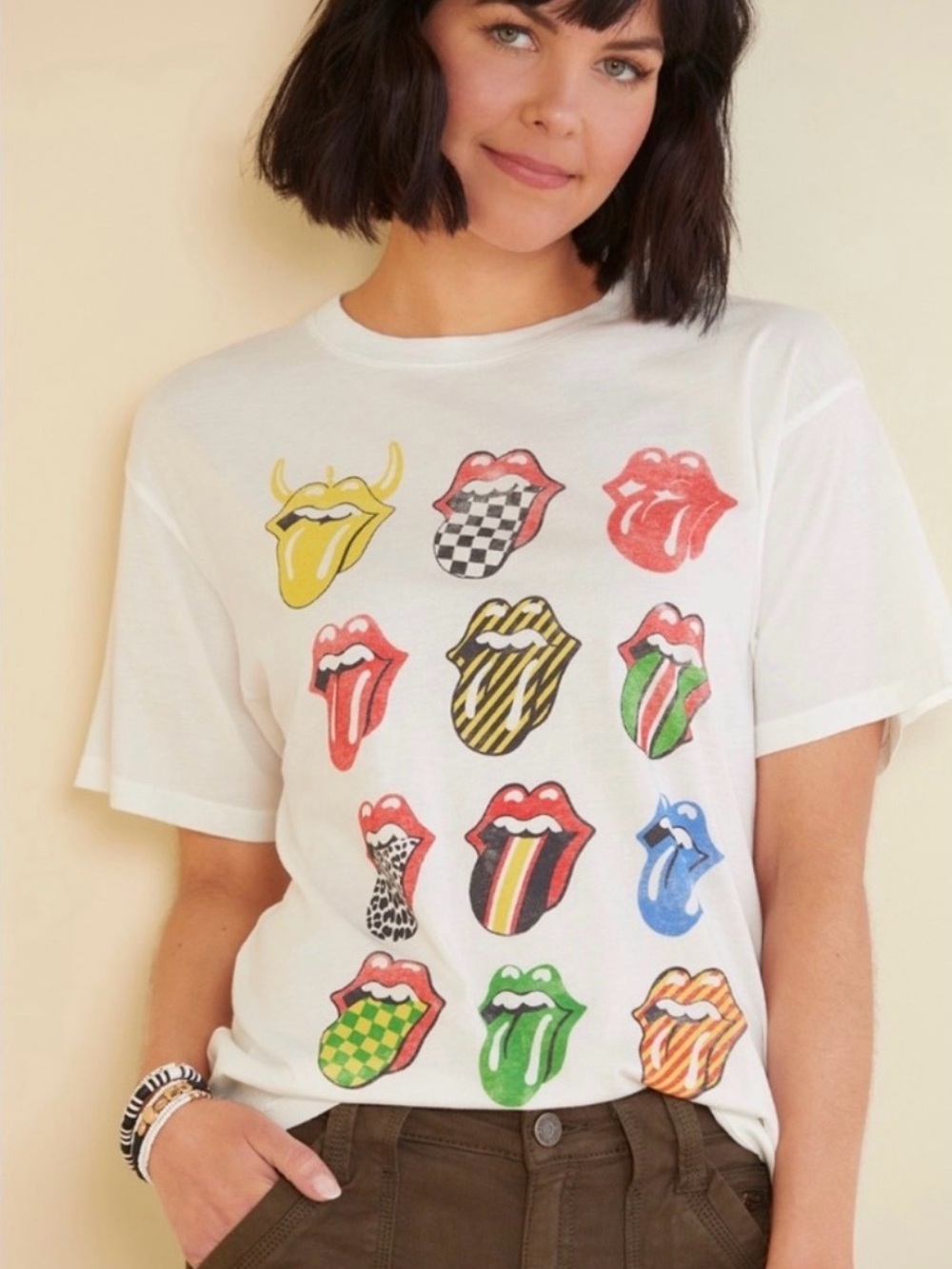 Free People Daydreamer Tee Colorful   Rolling Stone Tongue Graphic, Large EUC,